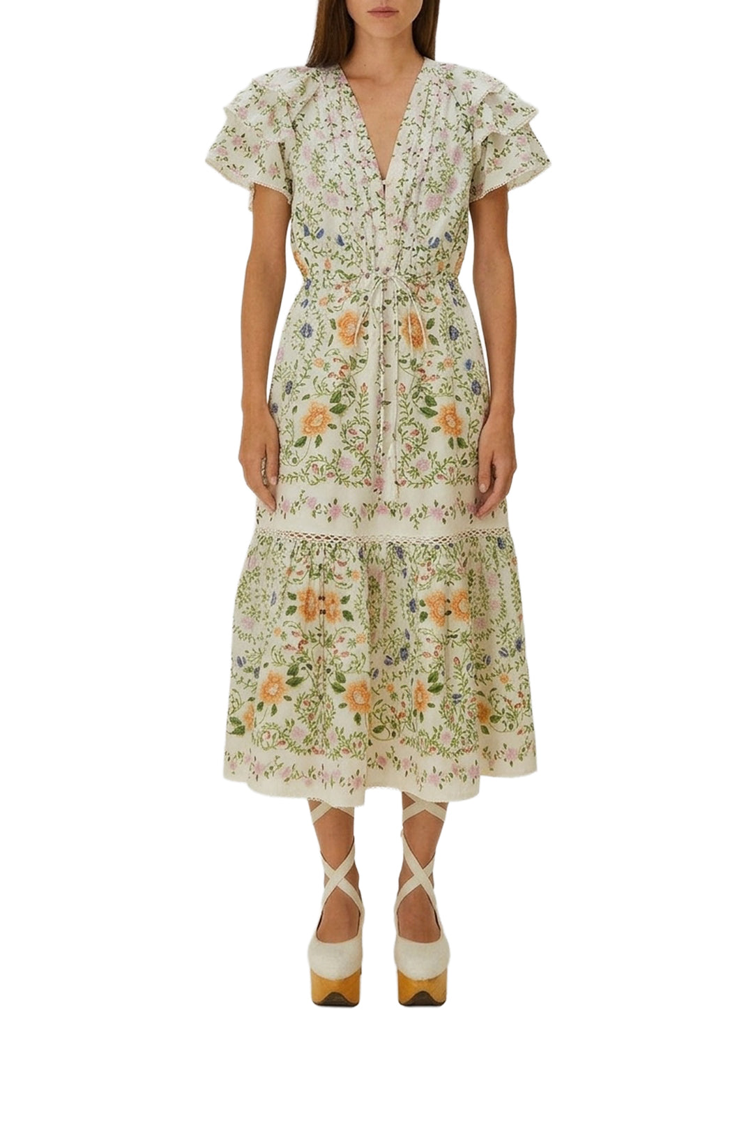 Folk floral midi dress in cotton - White