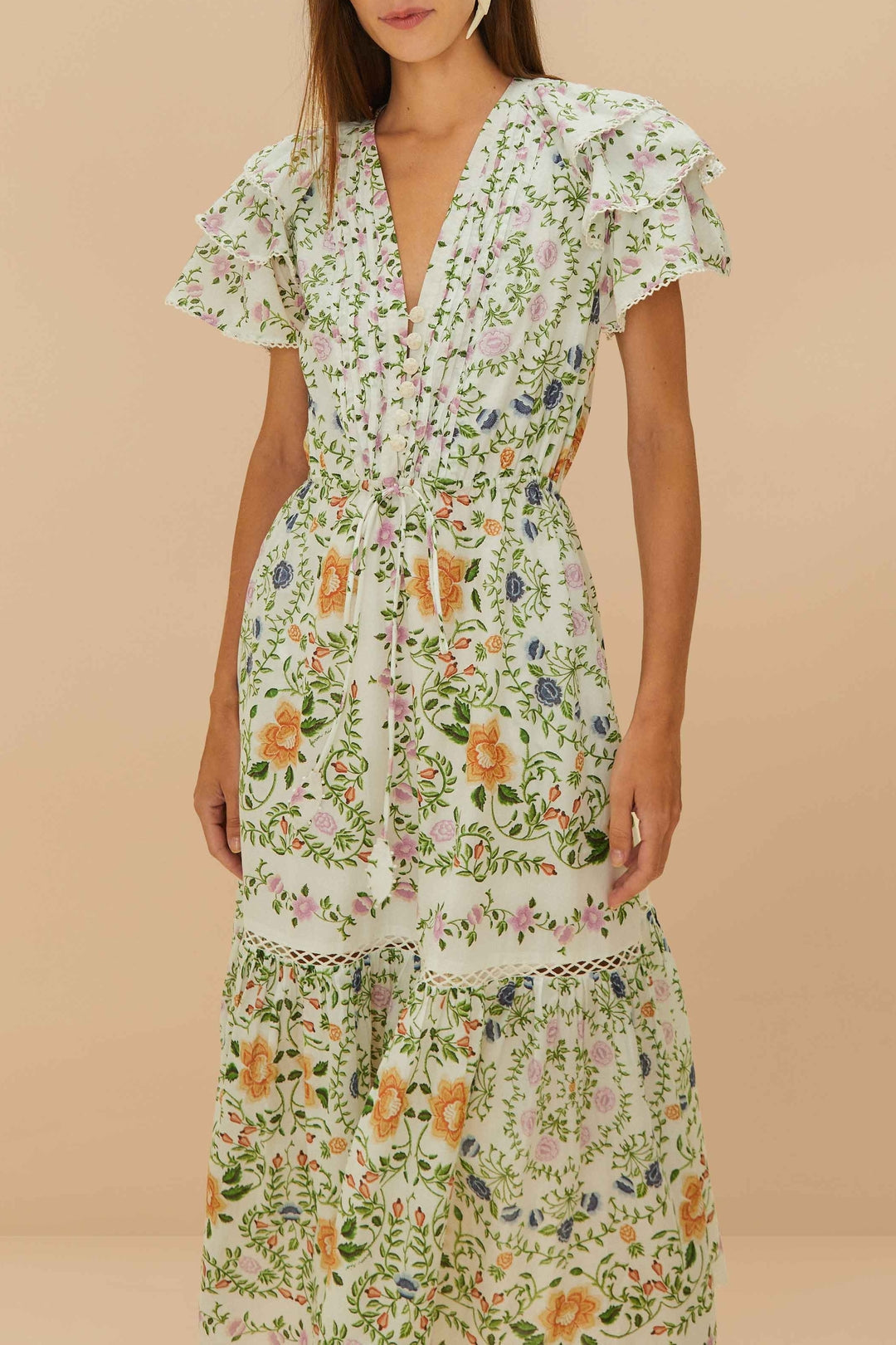 Folk floral midi dress in cotton - White