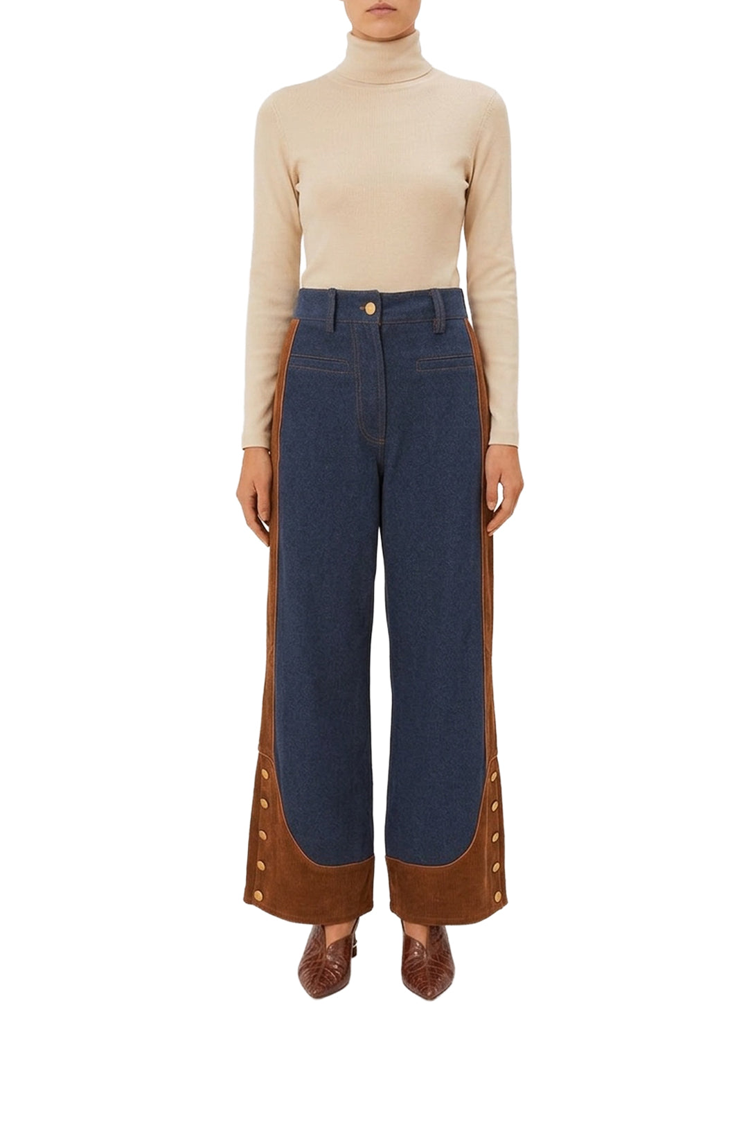 Pantalon large taille basse en denim - Marron