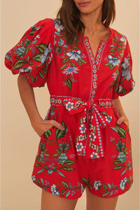 Combi-short Sweet Bloom en coton - Rouge