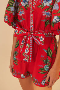Combi-short Sweet Bloom en coton - Rouge