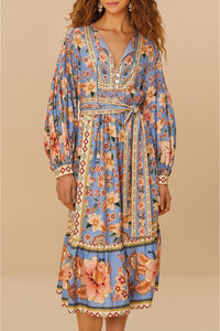 Robe midi Superbloom Taperstry en lin - Bleu