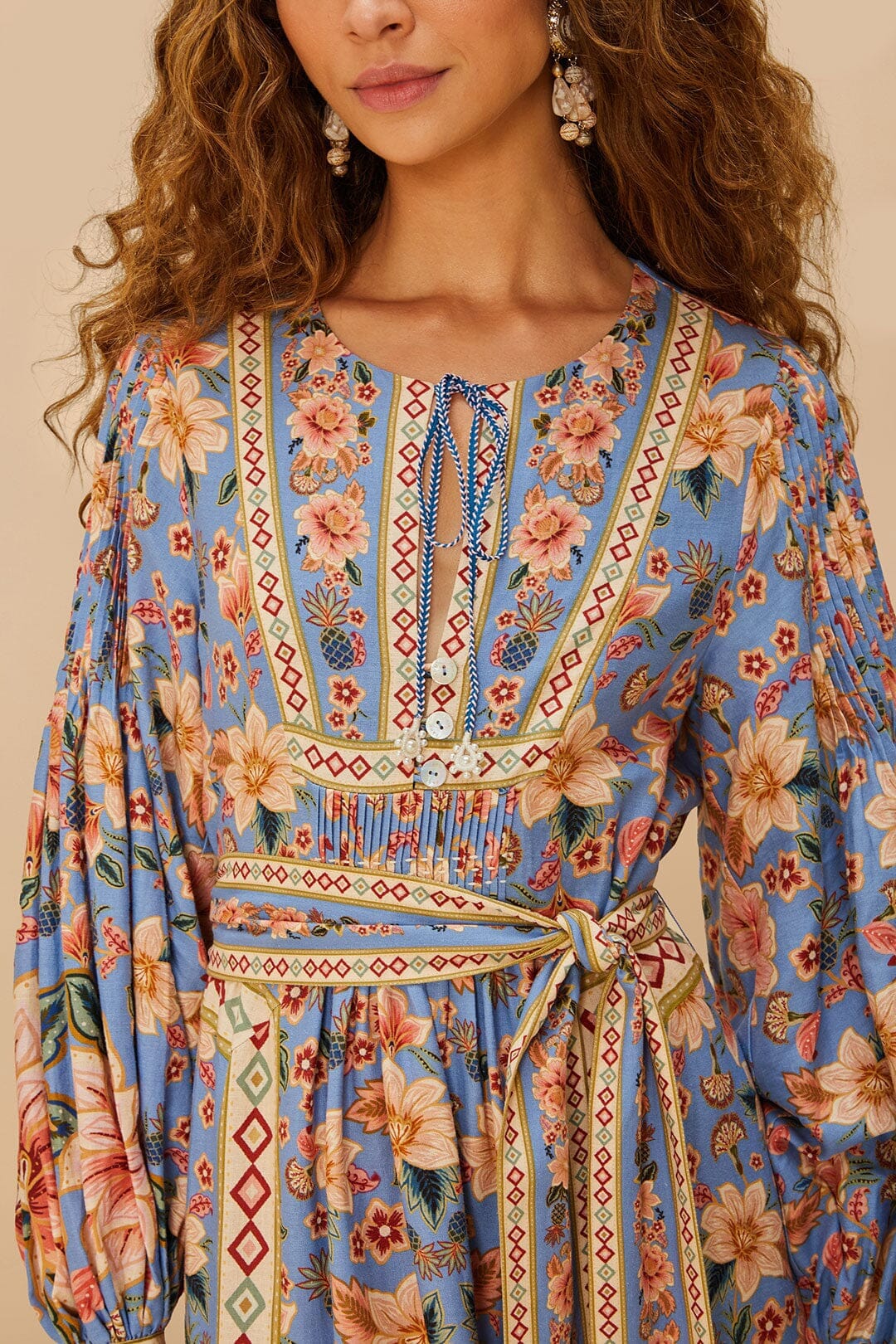 Robe midi Superbloom Taperstry en lin - Bleu