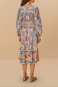 Robe midi Superbloom Taperstry en lin - Bleu