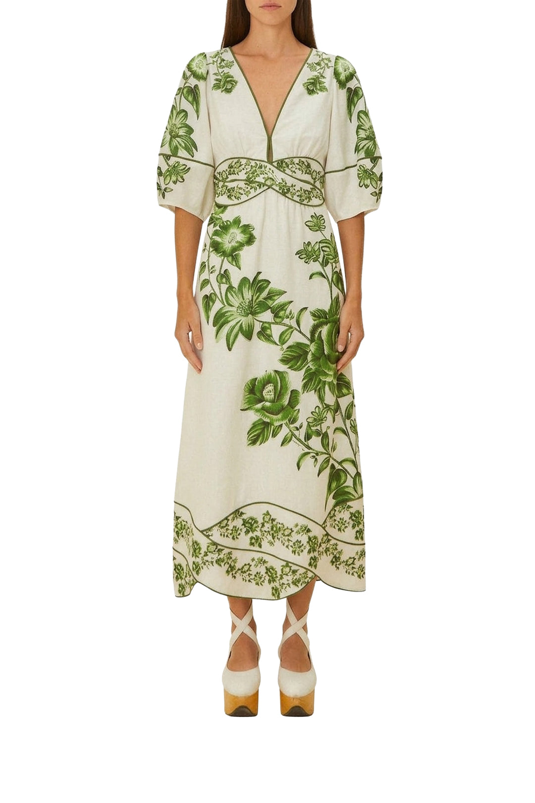 Robe midi Floral Cascade en lin - Vert