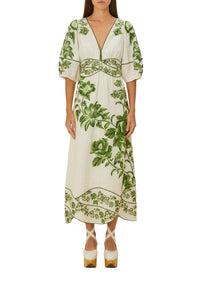 Green Floral Cascade Off White Robe midi - Green Floral Cascade Off White