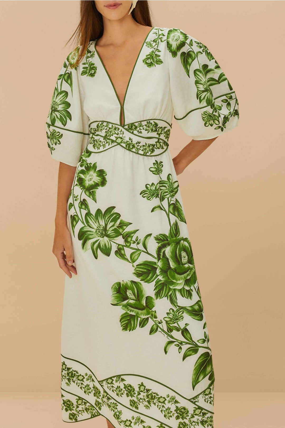 Robe midi Floral Cascade en lin - Vert