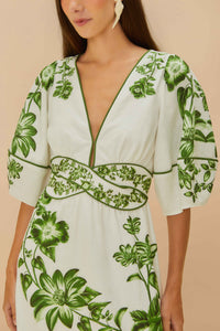 Robe midi Floral Cascade en lin - Vert