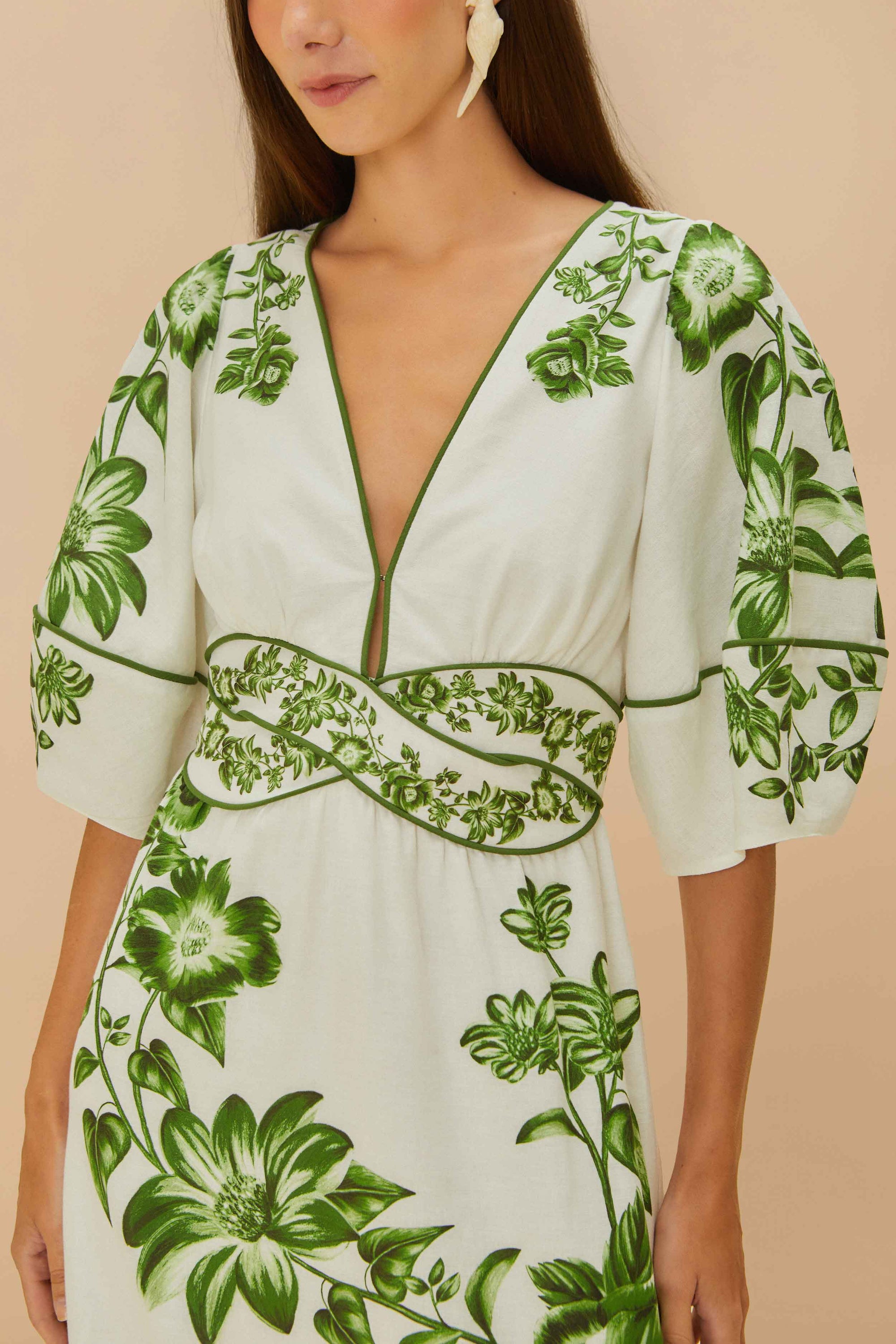 Robe midi Floral Cascade en lin - Vert