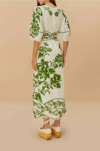Robe midi Floral Cascade en lin - Vert