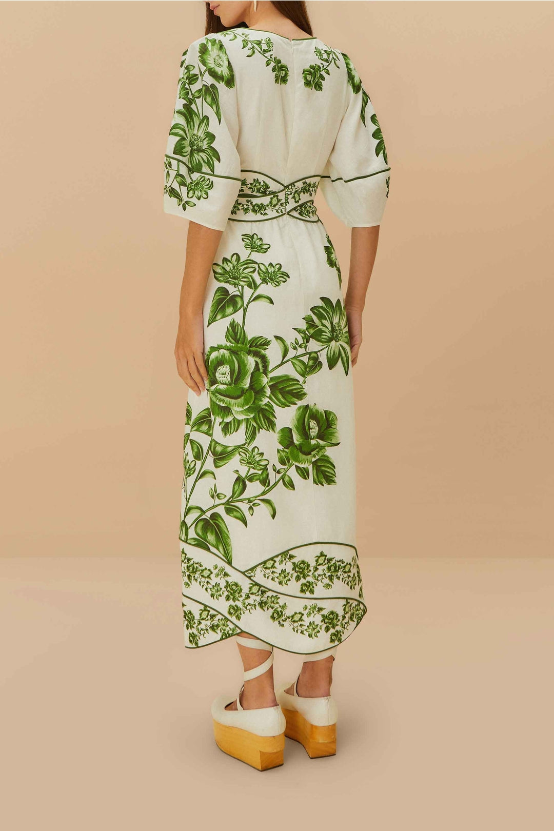 Robe midi Floral Cascade en lin - Vert