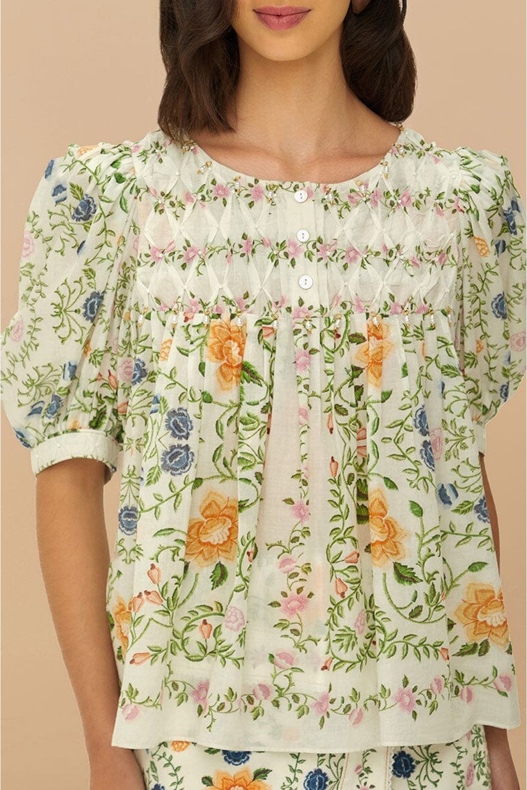 Blouse Folk Floral en coton - Blanc