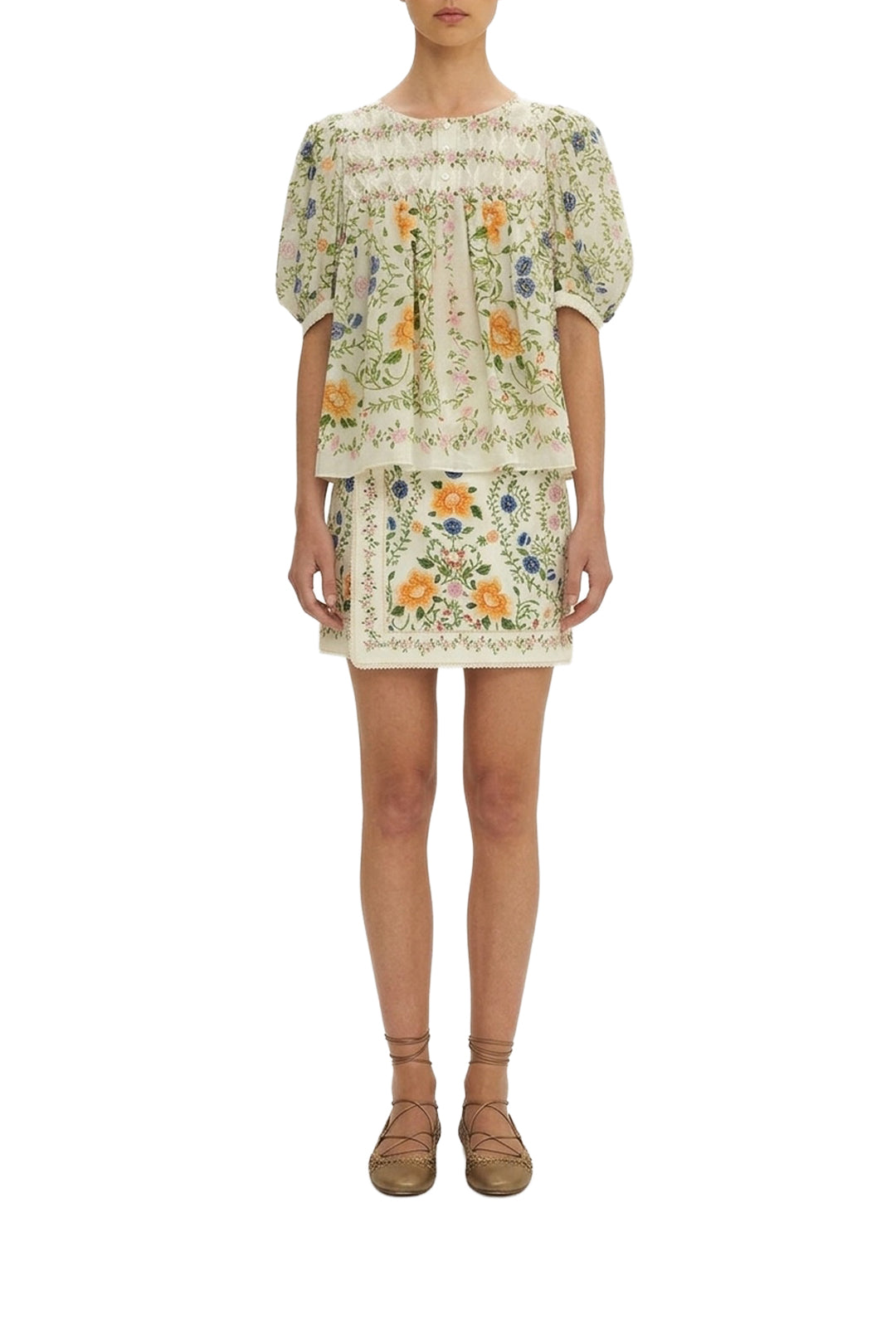 Blouse Folk Floral en coton - Blanc