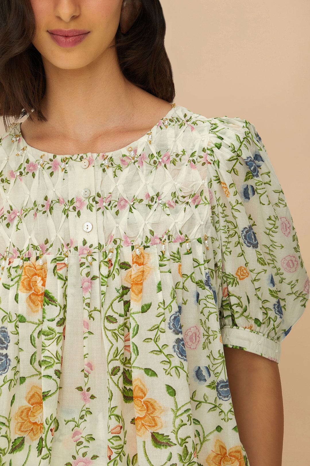 Blouse Folk Floral en coton - Blanc