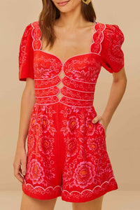 Combi-short smocked à découpes en lin - Rouge