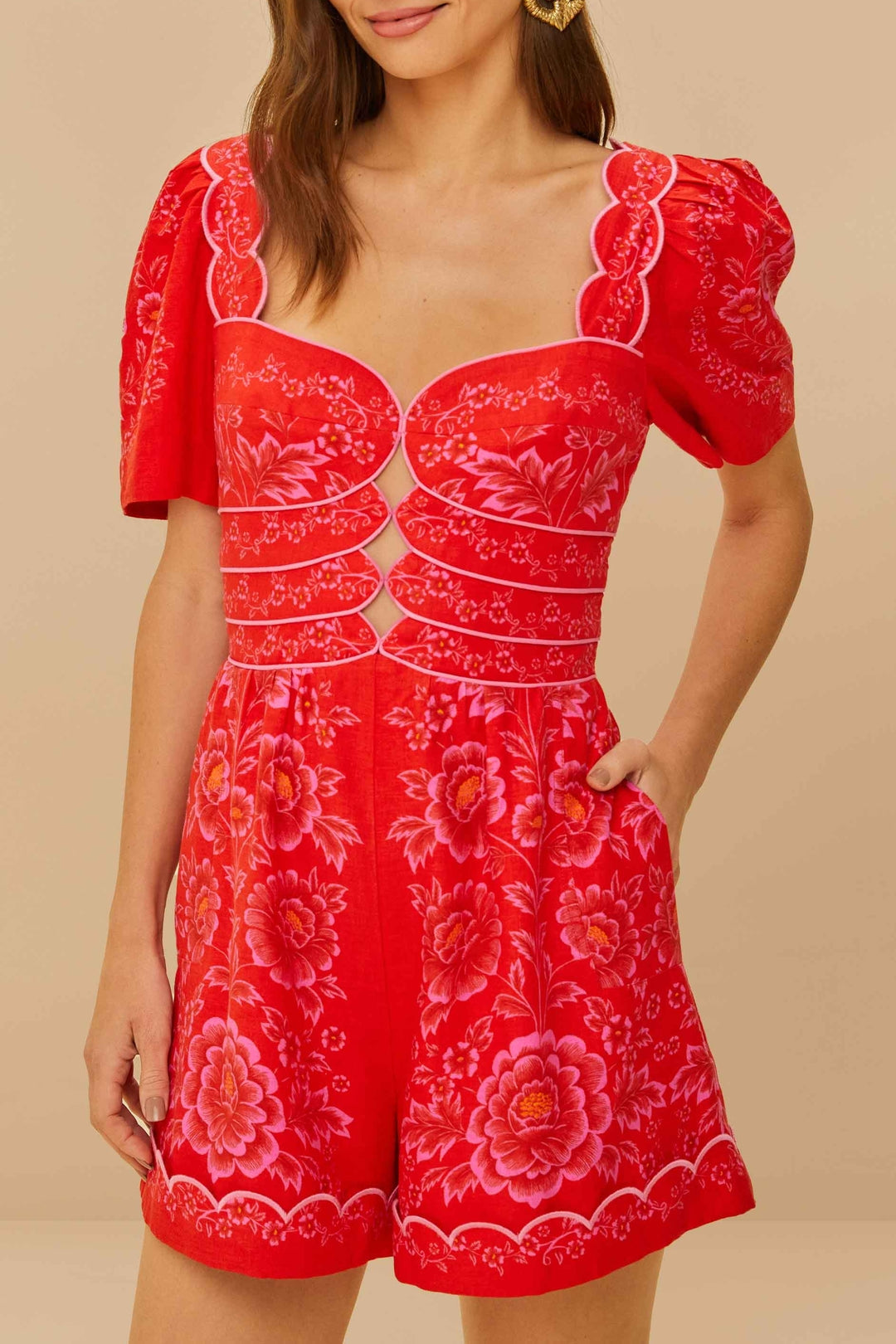 Combi-short smocked à découpes en lin - Rouge