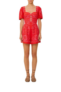 Combi-short smocked à découpes en lin - Rouge