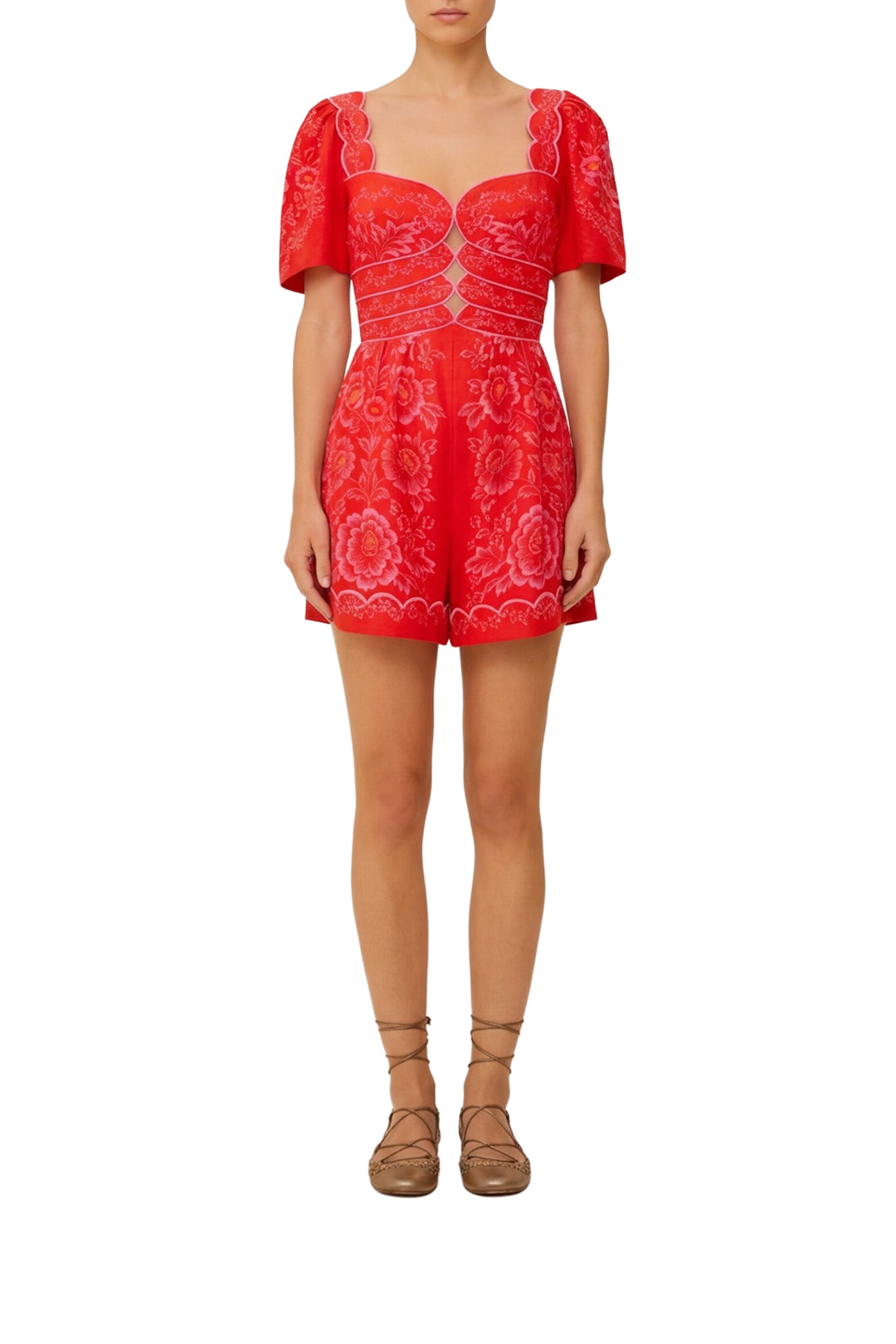 Combi-short smocked à découpes en lin - Rouge