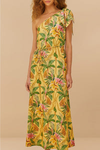 Robe midi Tropical Paradise en lin - Jaune