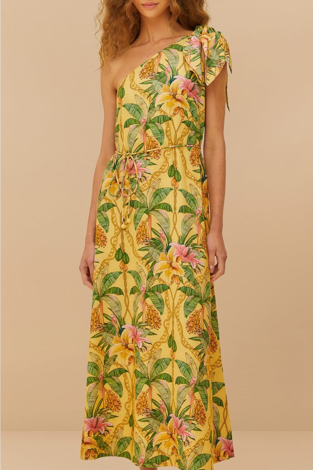 Robe midi Tropical Paradise en lin - Jaune