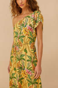 Robe midi Tropical Paradise en lin - Jaune