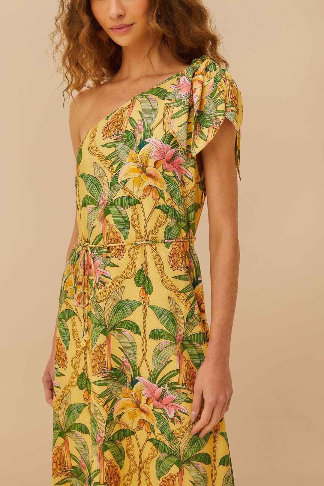 Robe midi Tropical Paradise en lin - Jaune