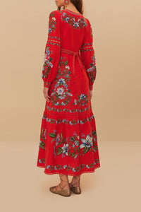 Robe longue Sweet Bloom en lin - Rouge