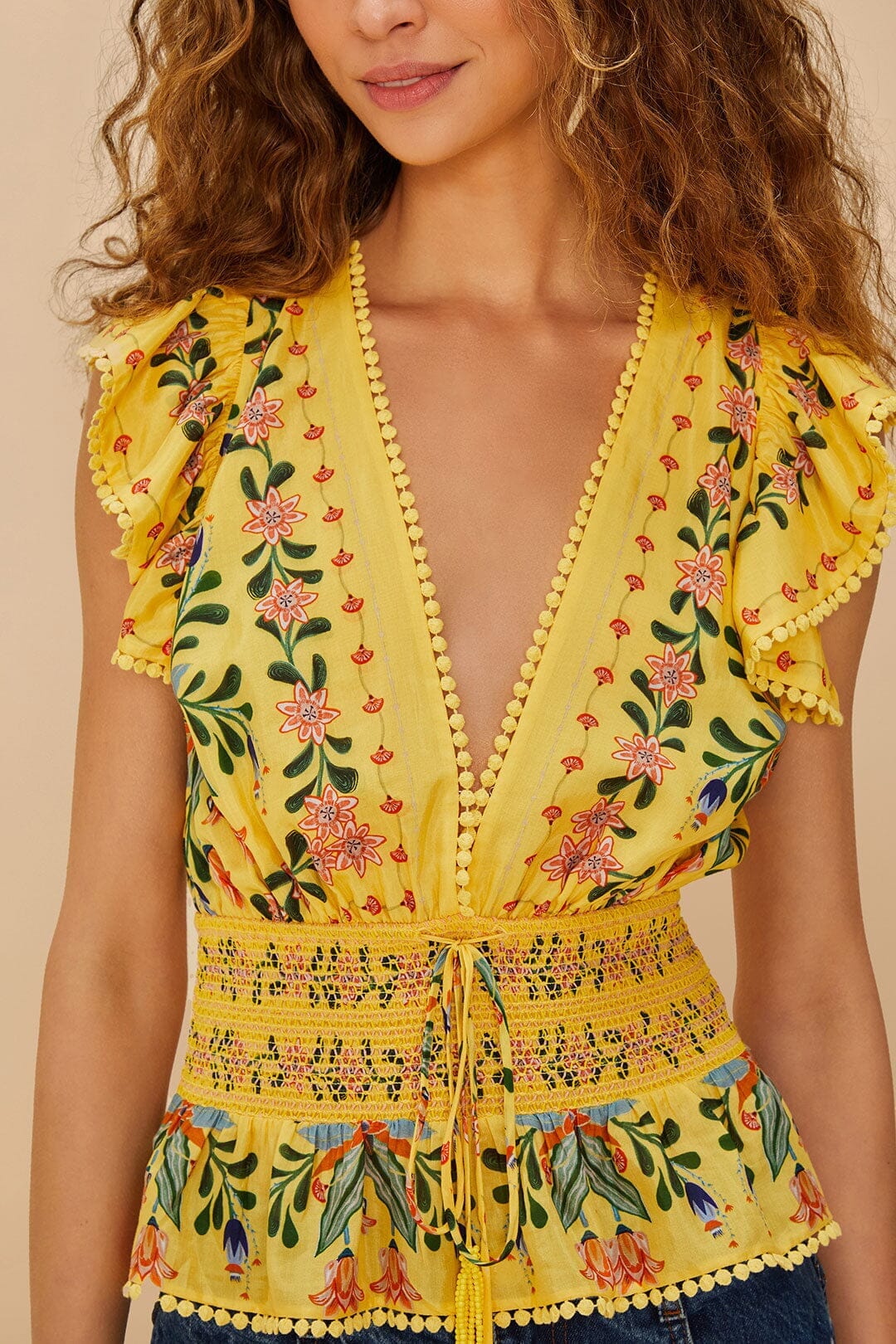 Blouse Delicate Flowers à rayures en coton - Jaune