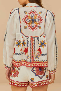 Blouse brodée à manches courtes en coton - Blanc