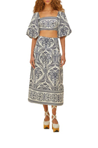 Jupe midi Tropical Cameo en lin - Bleu