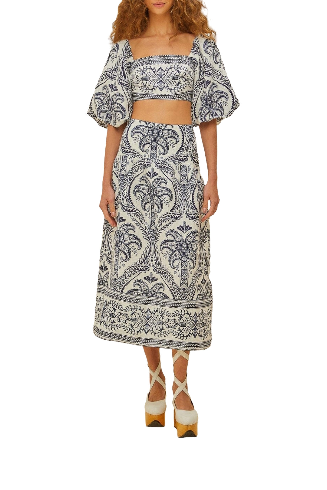Jupe midi Tropical Cameo en lin - Bleu