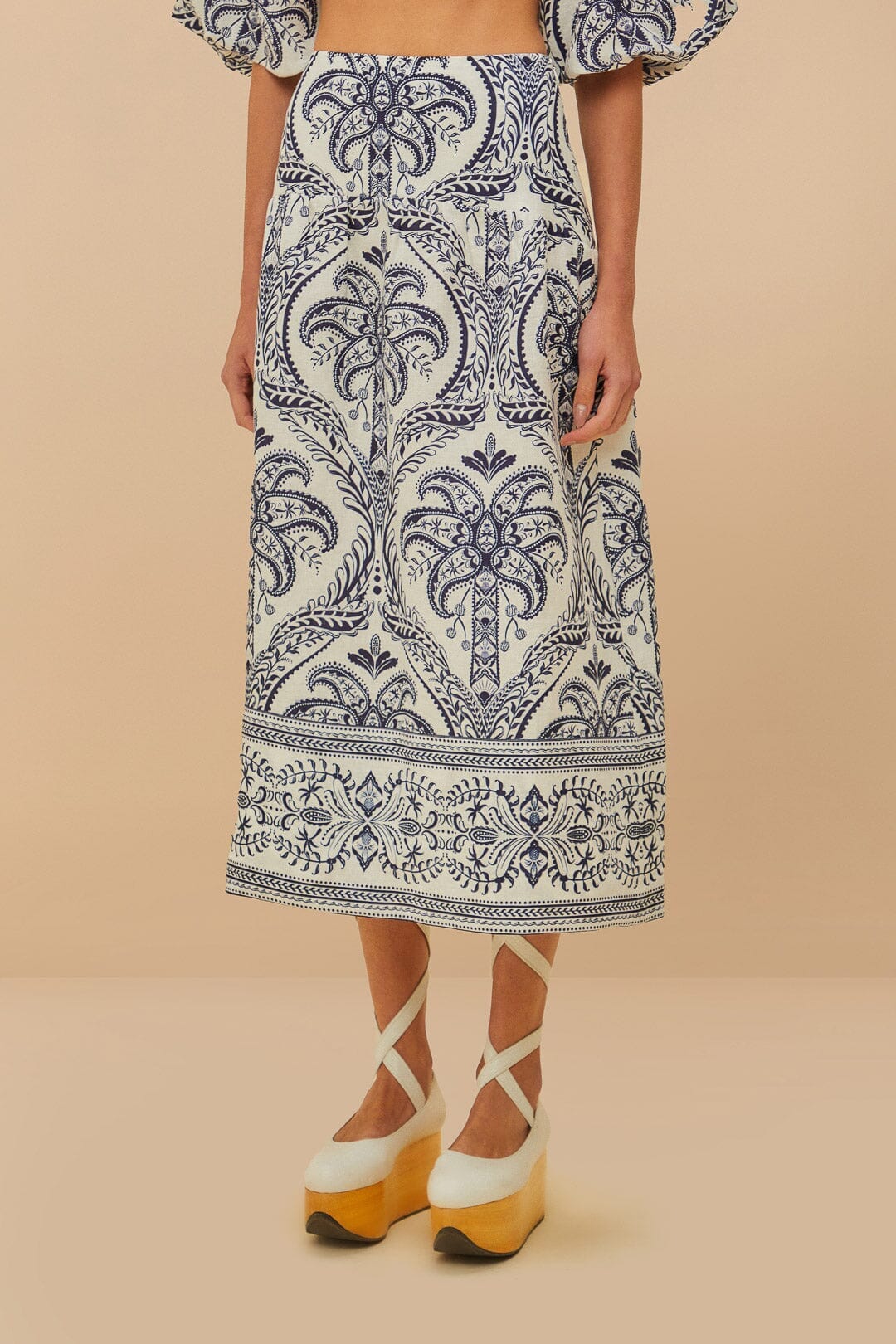 Jupe midi Tropical Cameo en lin - Bleu