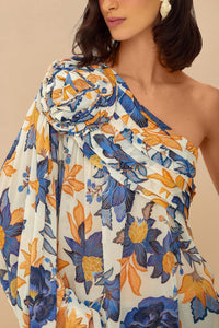 Blouse asymétrique Summer Flowers - Bleu