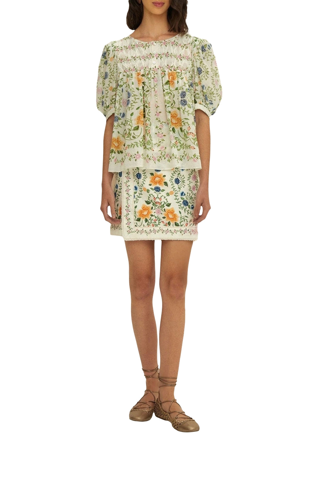 Jupe courte Folk Floral en coton - Blanc