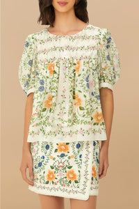 Jupe courte Folk Floral en coton - Blanc