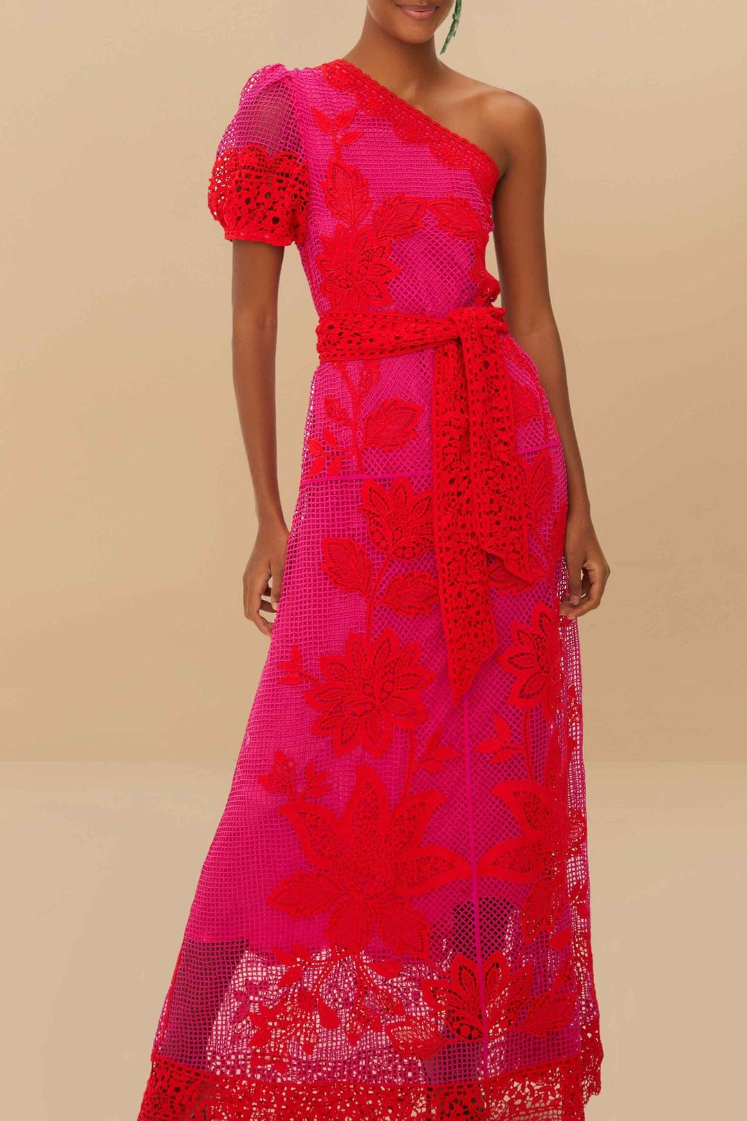 Robe longue bicolore asymétrique - Rouge