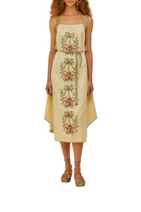 Robe midi Tropical Flowers brodée en lin - Beige