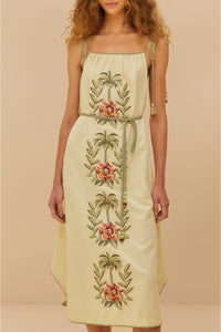 Robe midi Tropical Flowers brodée en lin - Beige