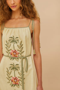 Robe midi Tropical Flowers brodée en lin - Beige