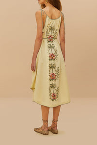 Robe midi Tropical Flowers brodée en lin - Beige
