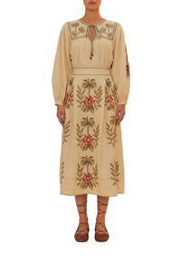 Jupe longue Tropical Flower en lin - Beige