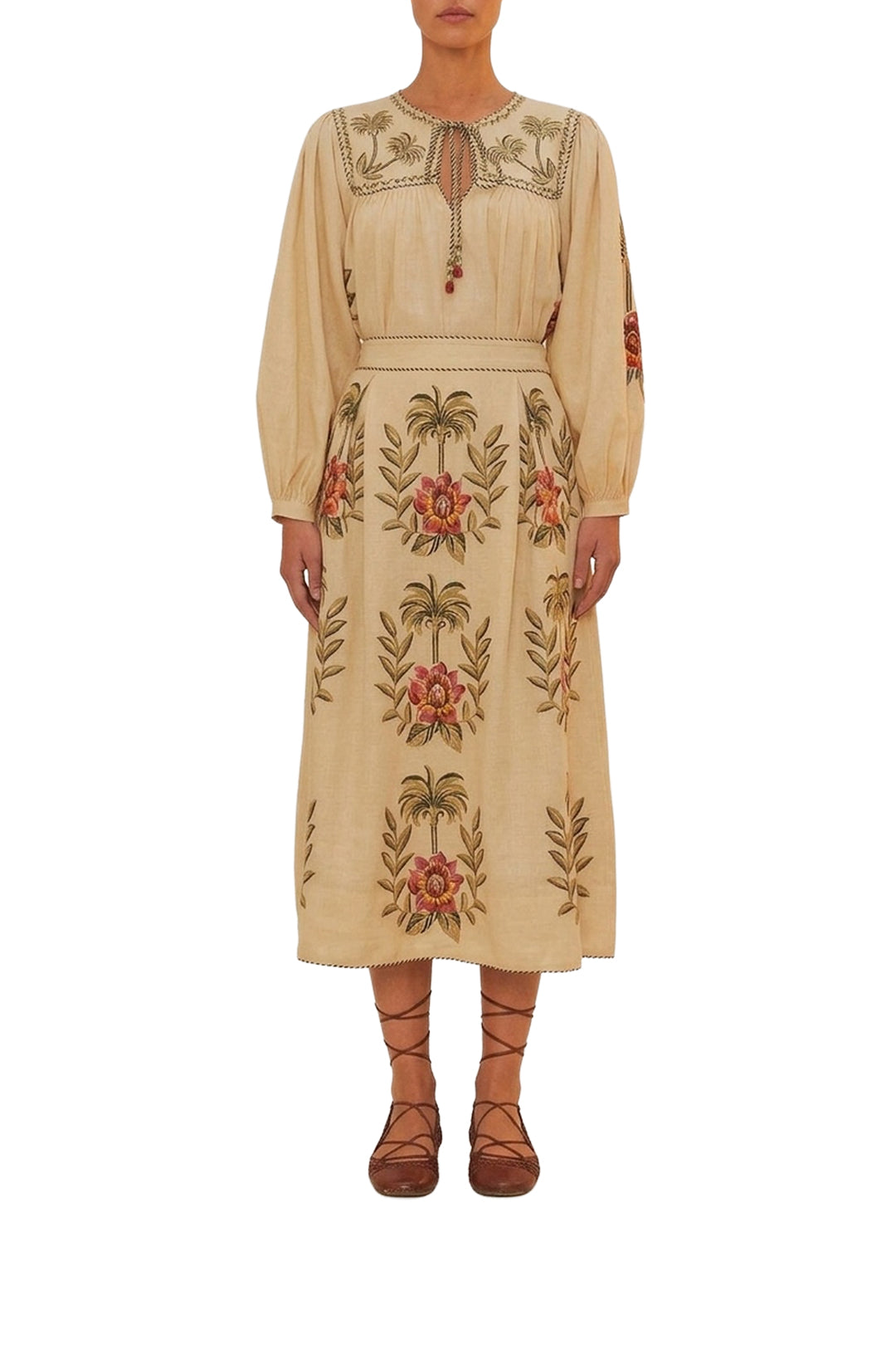 Jupe longue Tropical Flower en lin - Beige