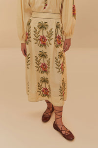 Jupe longue Tropical Flower en lin - Beige