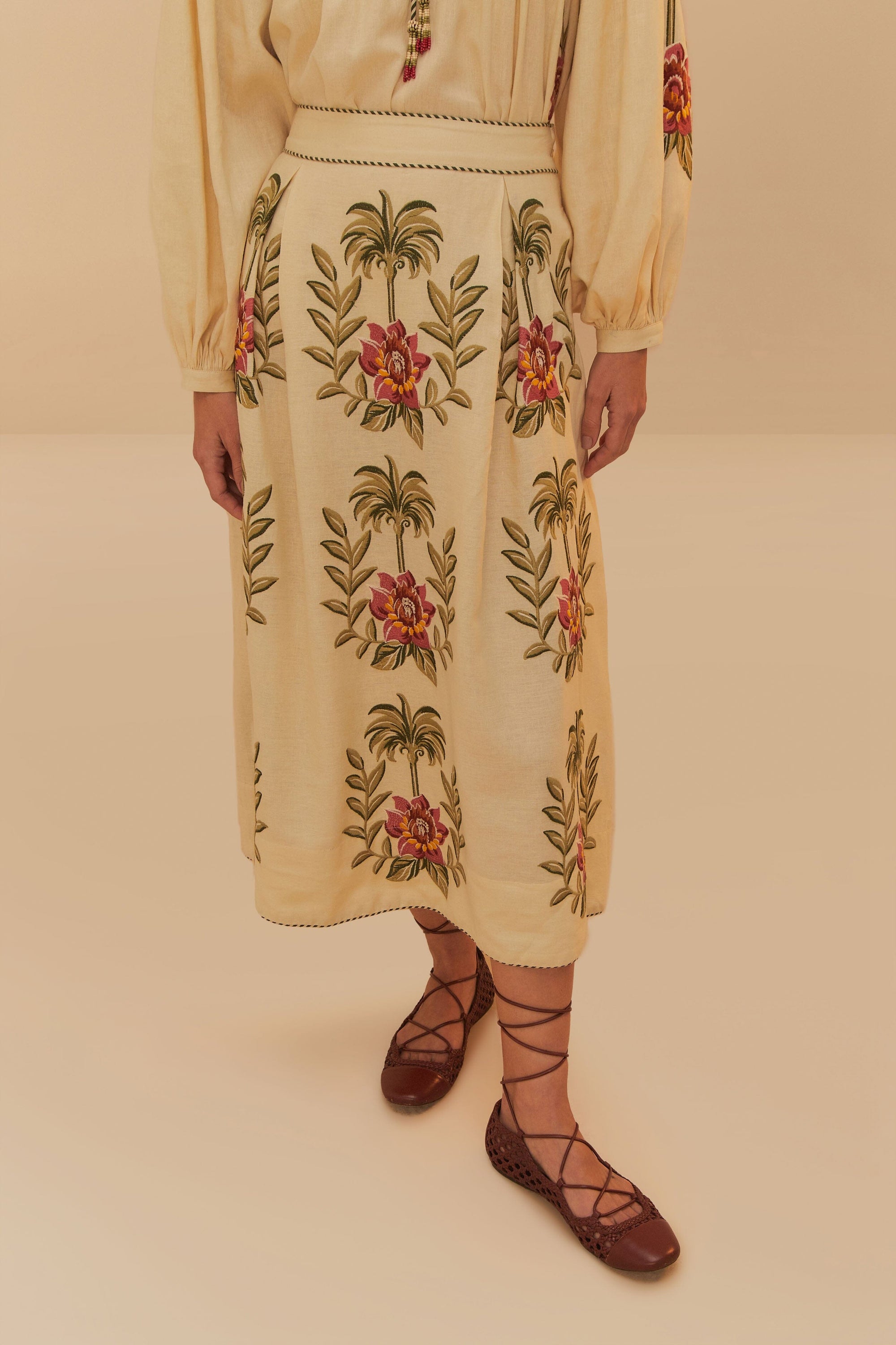 Jupe longue Tropical Flower en lin - Beige