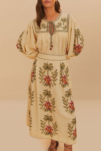Jupe longue Tropical Flower en lin - Beige