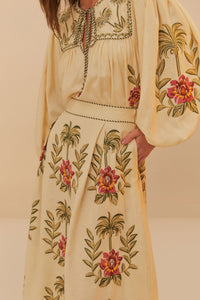 Jupe longue Tropical Flower en lin - Beige