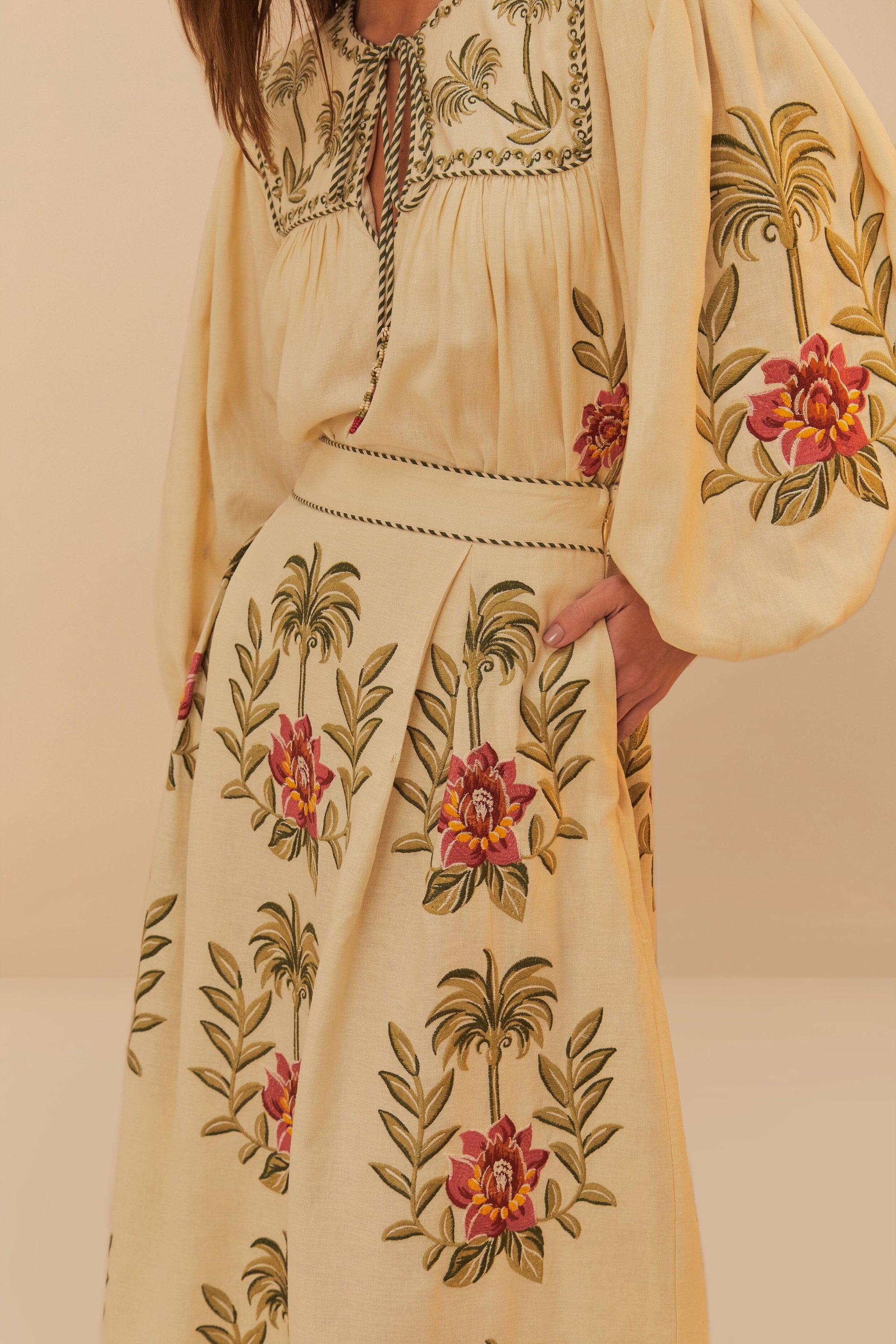 Jupe longue Tropical Flower en lin - Beige
