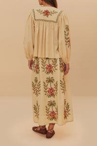 Jupe longue Tropical Flower en lin - Beige