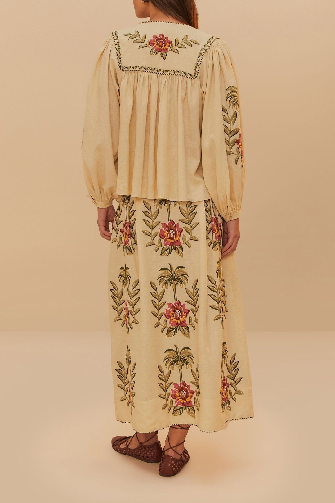 Jupe longue Tropical Flower en lin - Beige
