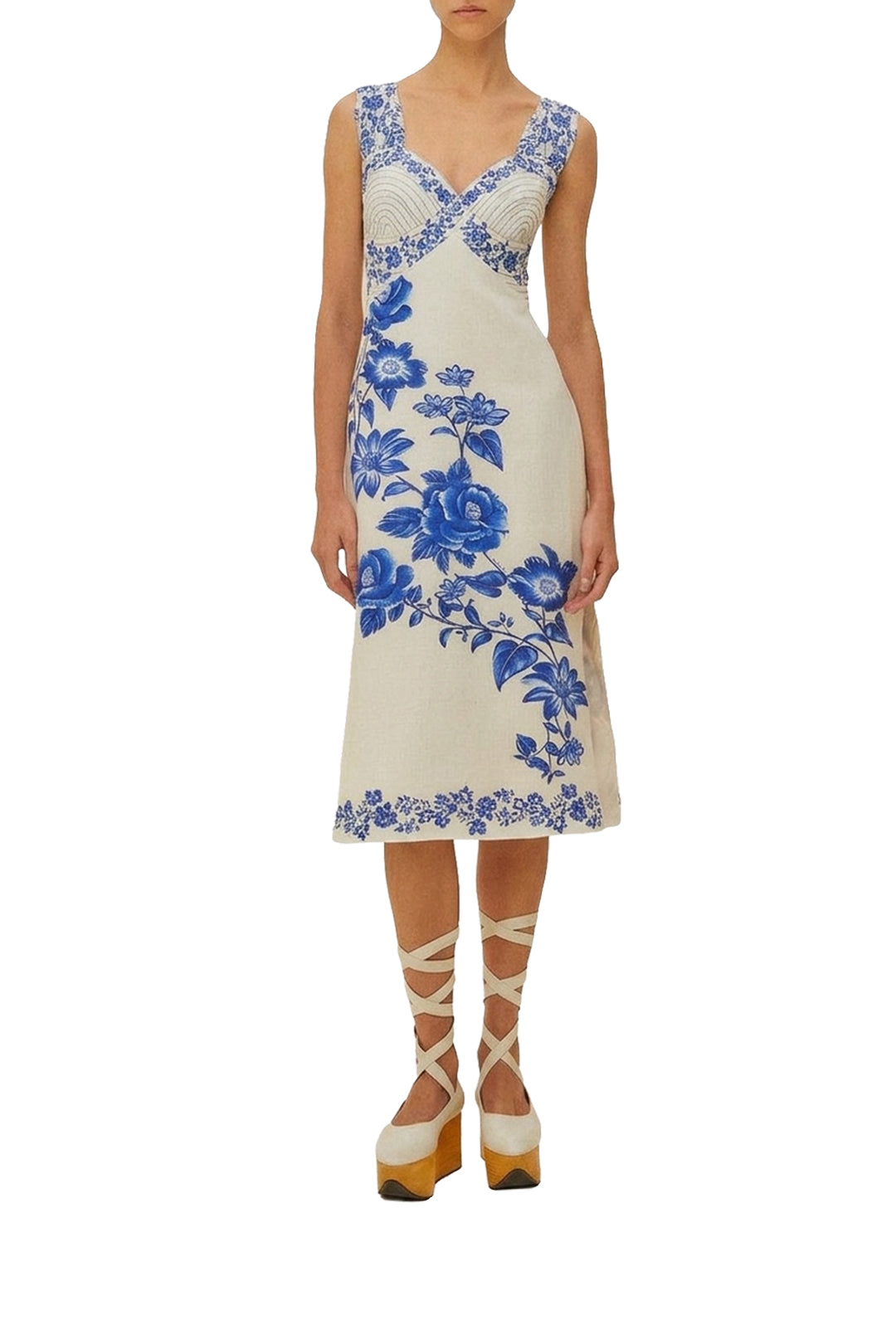 Floral Cascade linen midi dress - Blue